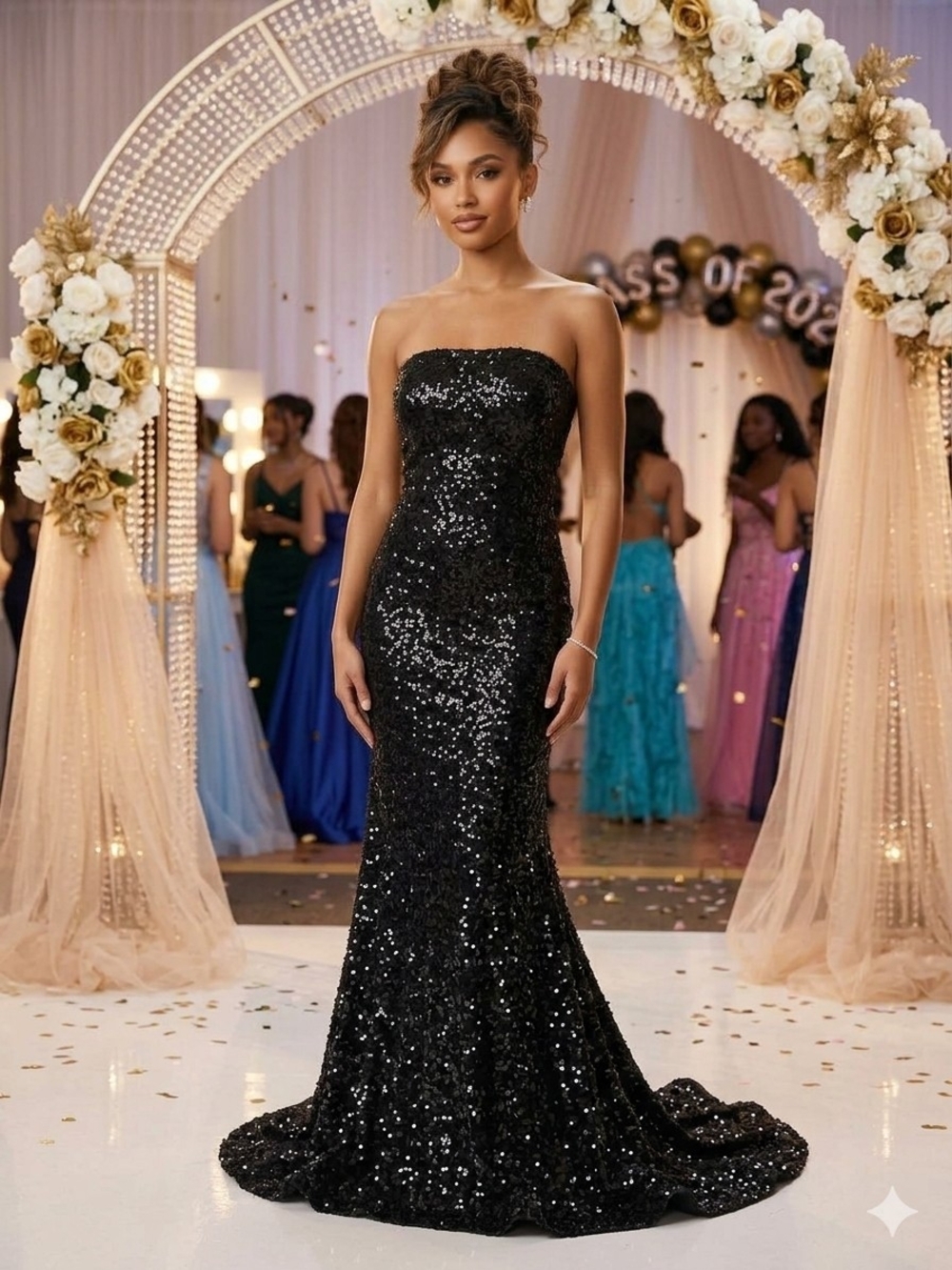 Black Sequin Strapless Prom Gown Like New